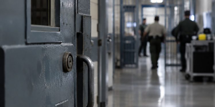 Close-up of a secured prison corridor with a metal door and blurred correctional staff activity in the background, illustrating an alleged attack on a prison counselor in Lancaster.