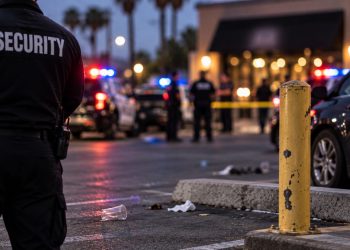 Close-up of a security guard in a parking lot with a blurred bar entrance, police vehicles and emergency responders in the background.