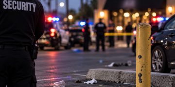 Close-up of a security guard in a parking lot with a blurred bar entrance, police vehicles and emergency responders in the background.