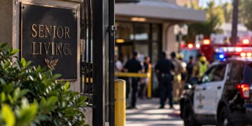 Close-up of a senior living facility entrance with blurred police vehicles and emergency responders outside after a workplace shooting in South Los Angeles.