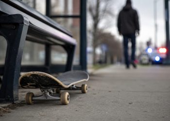 Close-up of a skateboard lying beside a bus stop bench, with a blurred pedestrian and distant police presence visible in the background.