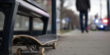 Close-up of a skateboard lying beside a bus stop bench, with a blurred pedestrian and distant police presence visible in the background.