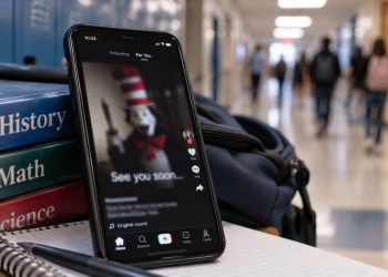 Close-up of a smartphone displaying a blurred social media post beside school supplies, with a school hallway softly illustrating a viral online trend targeting school communities.