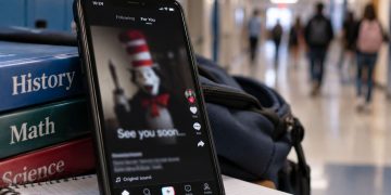 Close-up of a smartphone displaying a blurred social media post beside school supplies, with a school hallway softly illustrating a viral online trend targeting school communities.