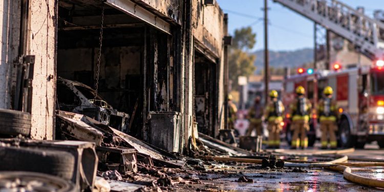 Close-up of a smoke-damaged auto body shop with firefighters and a ladder truck blurred in the background on a Newhall commercial street.