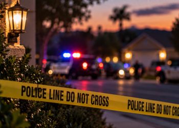 Close-up of a suburban street at dusk with blurred emergency lights and police vehicles in the background, illustrating a fatal elder abuse investigation in Wildomar.