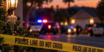 Close-up of a suburban street at dusk with blurred emergency lights and police vehicles in the background, illustrating a fatal elder abuse investigation in Wildomar.
