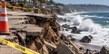 Close-up of a sun-baked Southern California coastline with large waves and damaged shoreline structures in the background, illustrating extreme heat and coastal recovery.