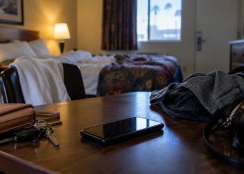 Close-up of an empty Los Angeles motel room with a smartphone, clothing and personal belongings on a table, illustrating a federal sex trafficking case involving minors.