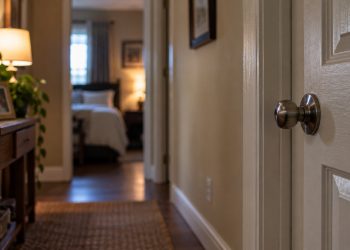 Close-up of an empty Ojai-area residence hallway with a closed bedroom door and blurred household details in the background, illustrating a sexual assault case.