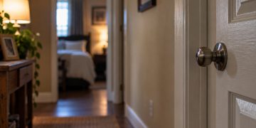Close-up of an empty Ojai-area residence hallway with a closed bedroom door and blurred household details in the background, illustrating a sexual assault case.