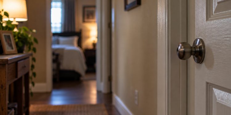 Close-up of an empty Ojai-area residence hallway with a closed bedroom door and blurred household details in the background, illustrating a sexual assault case.