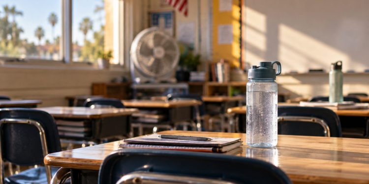 Close-up of an empty classroom with a water bottle, portable fan and desks in warm sunlight, illustrating heat challenges at Southern California schools.