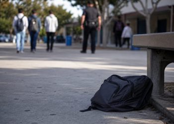 Close-up of an empty school walkway and backpack near a campus bench, with blurred students and a school safety officer visible in the distance.