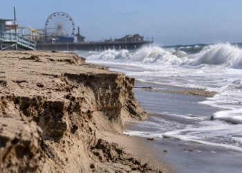 Close-up of an eroded Santa Monica beach with exposed sand layers and large waves, illustrating the coastal damage that forced Ocean Way Festival to be canceled.