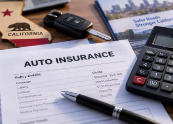 Close-up of auto insurance documents and a calculator illustrating proposed California rate changes.
