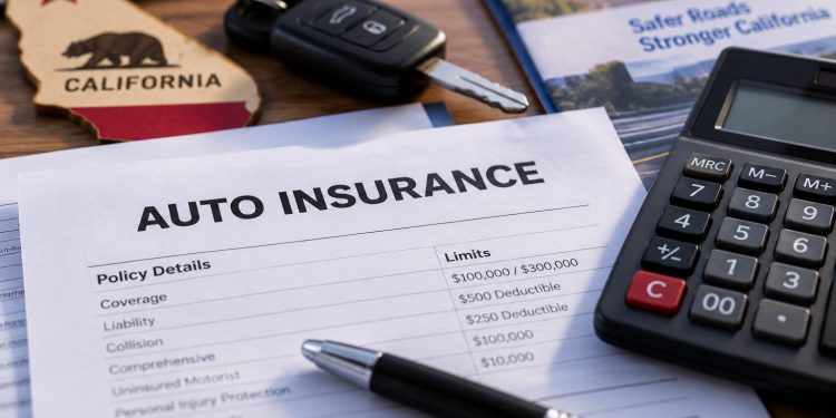 Close-up of auto insurance documents and a calculator illustrating proposed California rate changes.