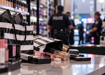 Close-up of beauty products and shopping bags on a retail store counter, with blurred police activity and store shelves in the background, illustrating a Southern California theft investigation.