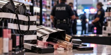 Close-up of beauty products and shopping bags on a retail store counter, with blurred police activity and store shelves in the background, illustrating a Southern California theft investigation.