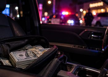 Close-up of cash and a vehicle interior at night with blurred emergency lights in the background, illustrating an armed robbery targeting a restaurant investor in Alhambra.
