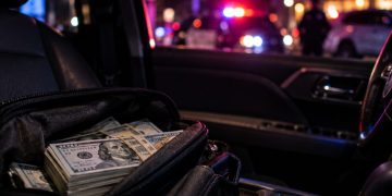 Close-up of cash and a vehicle interior at night with blurred emergency lights in the background, illustrating an armed robbery targeting a restaurant investor in Alhambra.