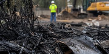 Close-up of charred debris and scorched fencing at an abandoned lot, with a blurred cleanup worker and heavy equipment in the background.