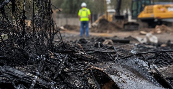 Close-up of charred debris and scorched fencing at an abandoned lot, with a blurred cleanup worker and heavy equipment in the background.