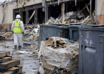 Close-up of cleanup debris and industrial waste containers outside a damaged warehouse, with a blurred cleanup worker in protective gear visible in the background.