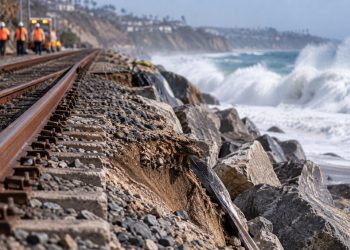 Close-up of coastal railroad tracks beside eroded sand and protective rocks, with large waves and a blurred shoreline in the background, illustrating rail repairs in San Clemente.