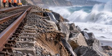 Close-up of coastal railroad tracks beside eroded sand and protective rocks, with large waves and a blurred shoreline in the background, illustrating rail repairs in San Clemente.
