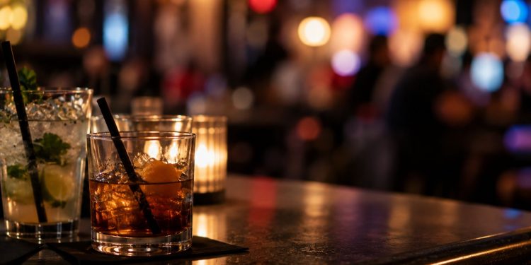 Close-up of cocktails on a bar counter with a heavily blurred nightlife background, illustrating the closure of a longtime West Hollywood bar and restaurant.