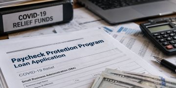 Close-up of federal loan documents and a laptop beside a calculator and financial records, illustrating a COVID-19 business-relief fraud investigation.