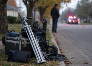 Close-up of film production equipment along a residential curb, with a blurred crew member standing near distant police lights in the background.