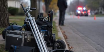 Close-up of film production equipment along a residential curb, with a blurred crew member standing near distant police lights in the background.