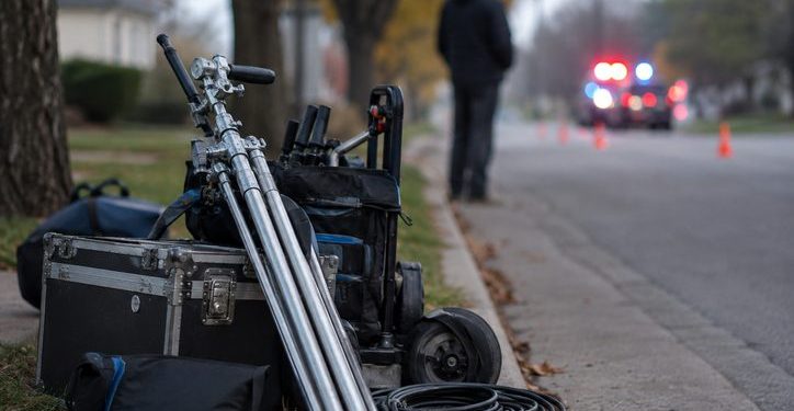 Close-up of film production equipment along a residential curb, with a blurred crew member standing near distant police lights in the background.