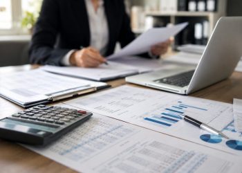 Close-up of financial documents, a calculator and a laptop on an office desk, with a blurred employee reviewing records in the background.