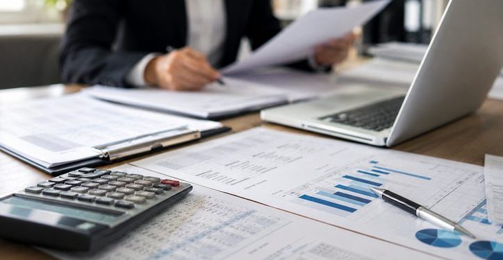 Close-up of financial documents, a calculator and a laptop on an office desk, with a blurred employee reviewing records in the background.