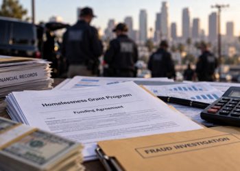 Close-up of grant paperwork and financial records illustrating a homelessness fraud investigation.