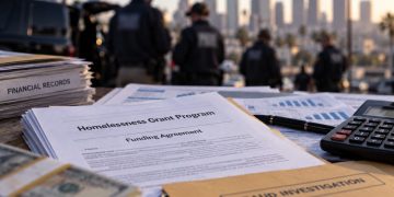 Close-up of grant paperwork and financial records illustrating a homelessness fraud investigation.