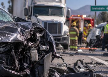 Close-up of heavily damaged vehicles at a multi-vehicle crash scene, with a big rig, emergency crews and a blocked Southern California roadway blurred in the background.