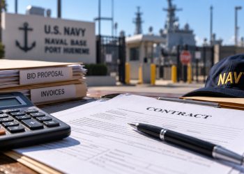 Close-up of military contracting documents and a calculator on a desk, with a blurred Navy facility in the background, illustrating a federal fraud case.