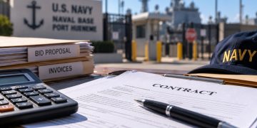 Close-up of military contracting documents and a calculator on a desk, with a blurred Navy facility in the background, illustrating a federal fraud case.