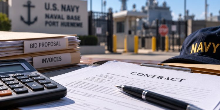 Close-up of military contracting documents and a calculator on a desk, with a blurred Navy facility in the background, illustrating a federal fraud case.
