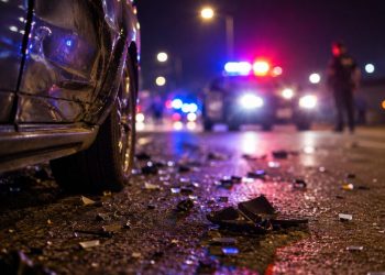 Close-up of roadway debris beside a damaged vehicle at night, with blurred police lights and an officer standing in the distance.
