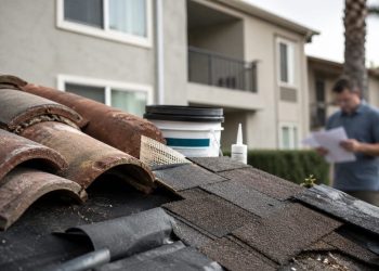 Close-up of roof tiles and repair materials beside a condominium building, with a blurred resident reviewing paperwork in the background.