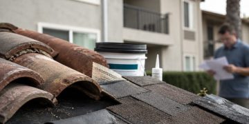 Close-up of roof tiles and repair materials beside a condominium building, with a blurred resident reviewing paperwork in the background.