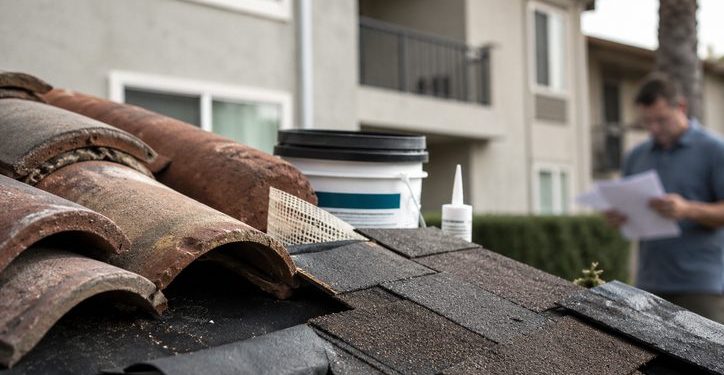 Close-up of roof tiles and repair materials beside a condominium building, with a blurred resident reviewing paperwork in the background.