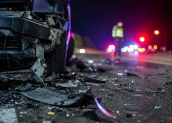 Close-up of scattered crash debris beside a damaged vehicle at night, with a blurred officer and emergency lights visible farther down the roadway.