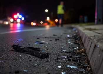Close-up of scattered roadway debris near the edge of a dark street, with a blurred responder standing beside distant emergency lights.