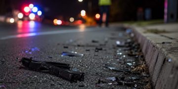 Close-up of scattered roadway debris near the edge of a dark street, with a blurred responder standing beside distant emergency lights.